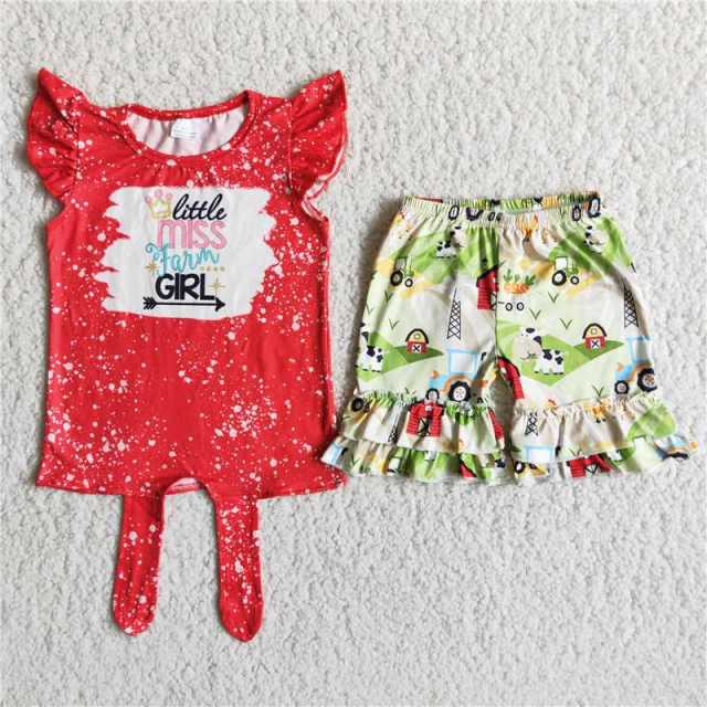 D12-29 kids red letters shirt white green farm shorts outfits