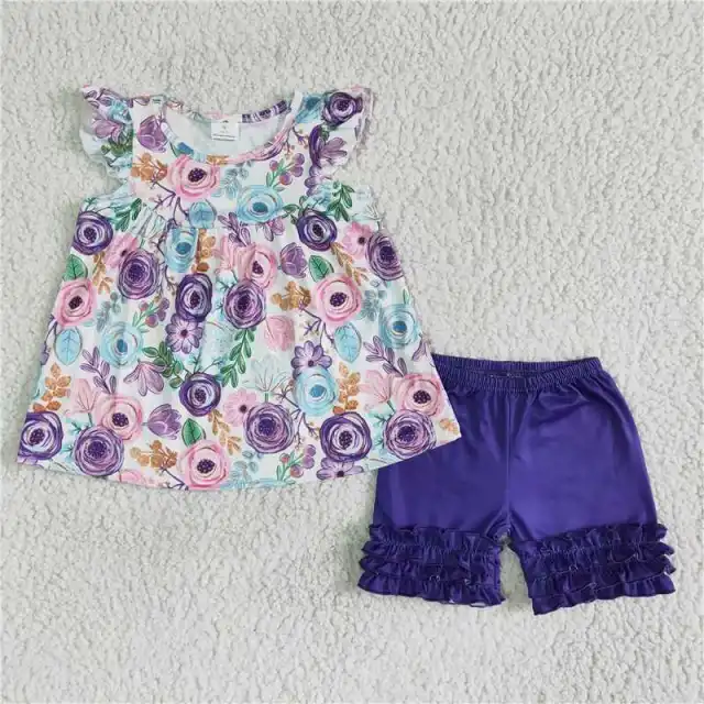 B17-27 kids flowers sleeve dress blue shorts outfits