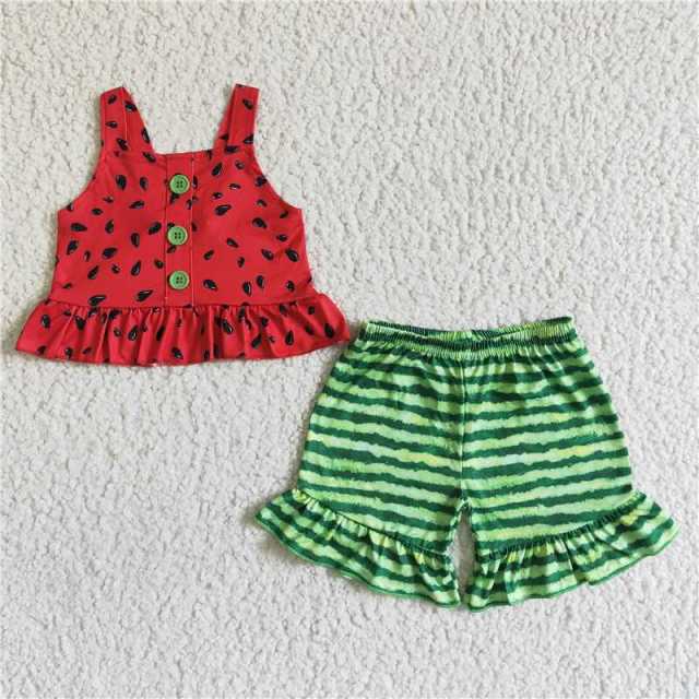 B0-28  kids watermelon buckle sleeve dress green stripes shorts outfits