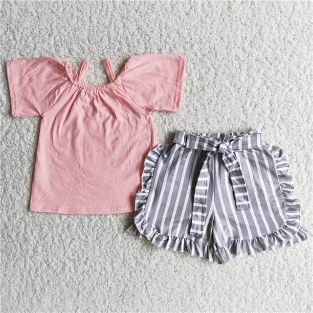 D7-28  kids Pink sleeve shirt grey stripes shorts outfits