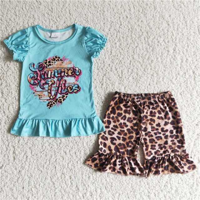 B12-30 kids blue letters sleeve dress leopard shorts outfits