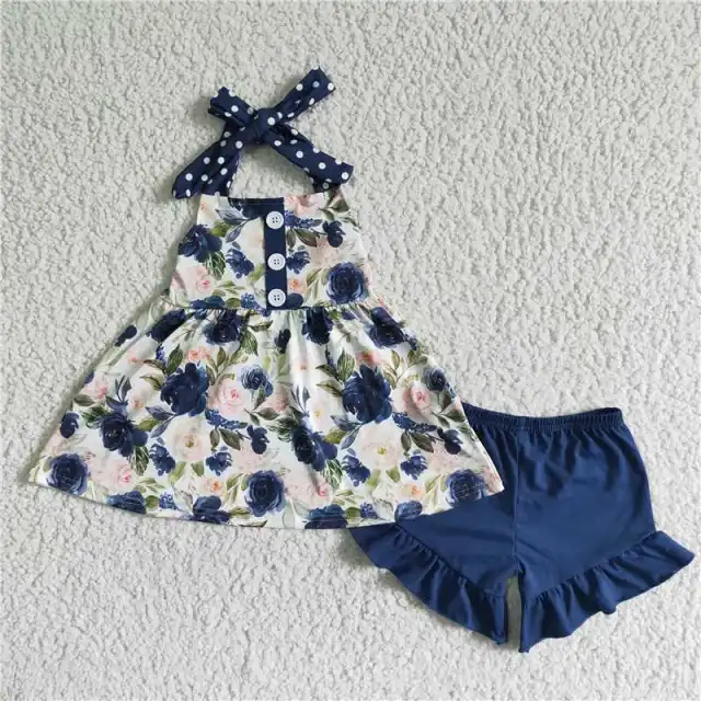 D7-19  kids floral sleeveless  shirt blue shorts outfits