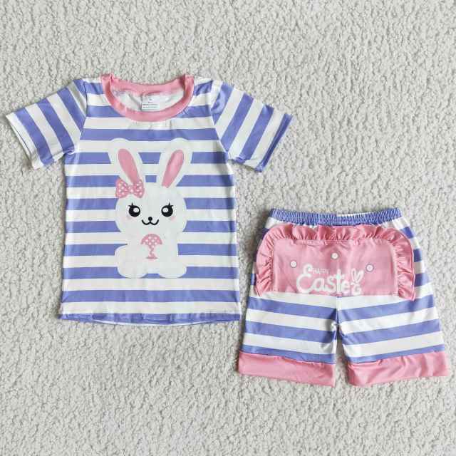E7-17  kids rabbit sleeve shirt red blue stripes shorts outfits