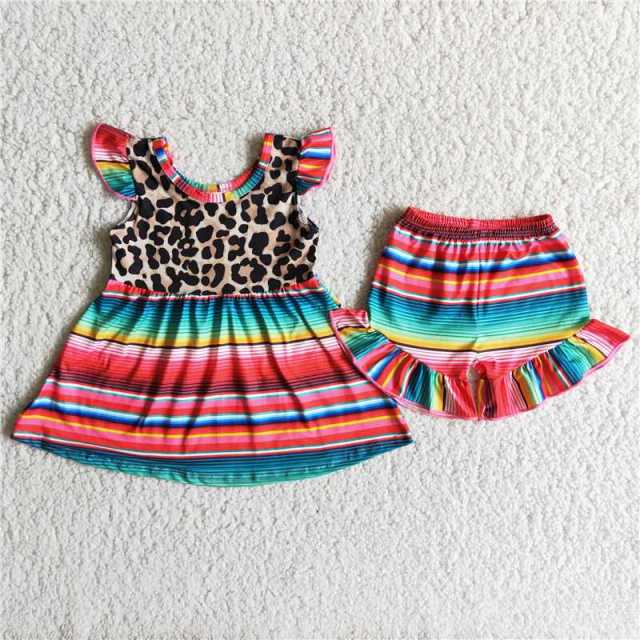 A1-3 kids leopard red stripes sleeve shirt shorts outfits