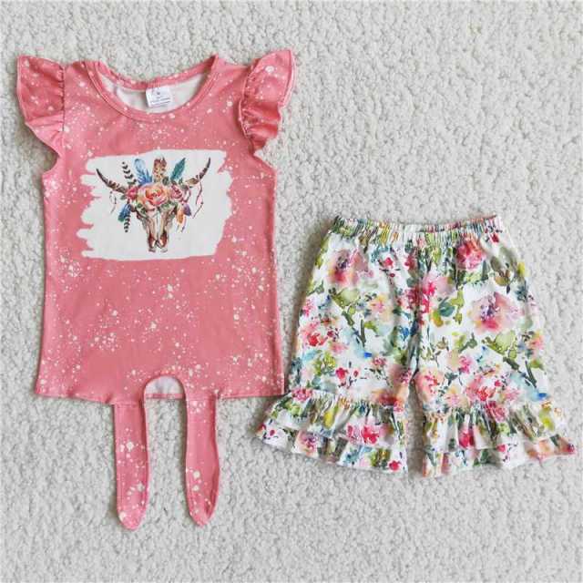 B16-1  kids pink cow sleeve shirt white floral shorts outfits