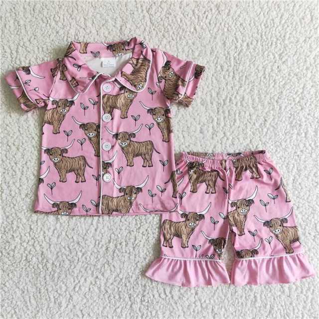 B11-28 kids pink cow sleeve shorts outfits