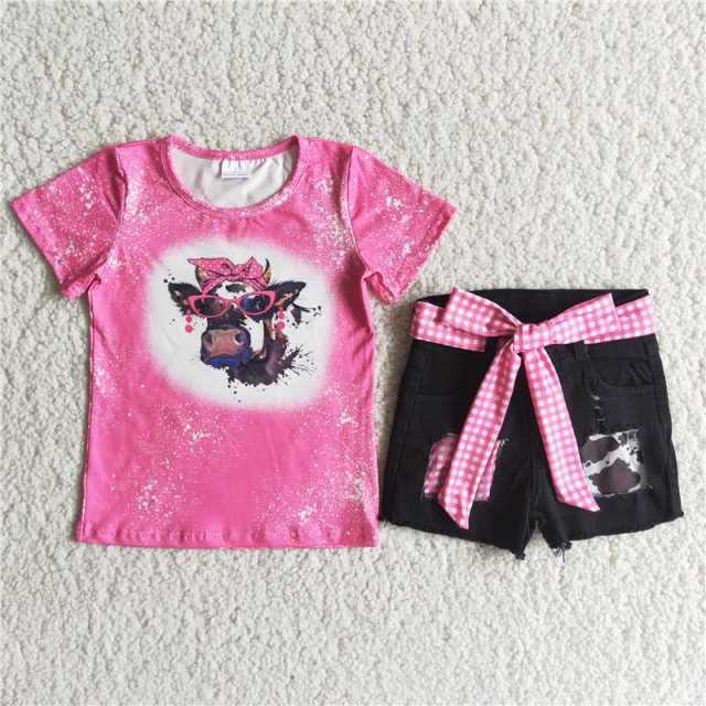 C4-10  kids pink cow sleeve shirt black shorts outfits