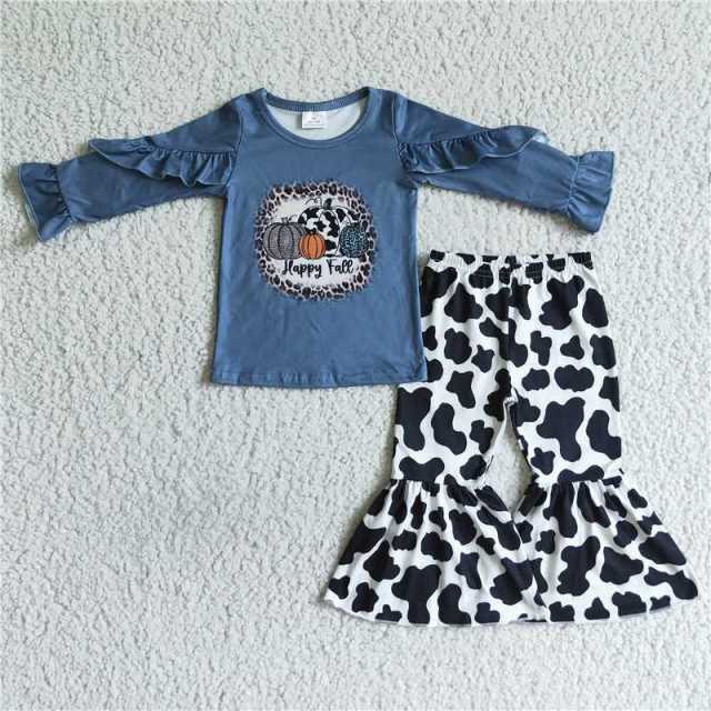 GLP0090  blue embroidery sleeves shirt cow pattern pants outfits