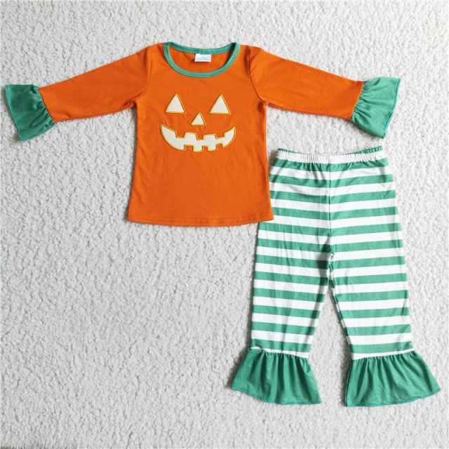 GLP0020 orange pumpkin sleeves shirt green stripes print pants outfits