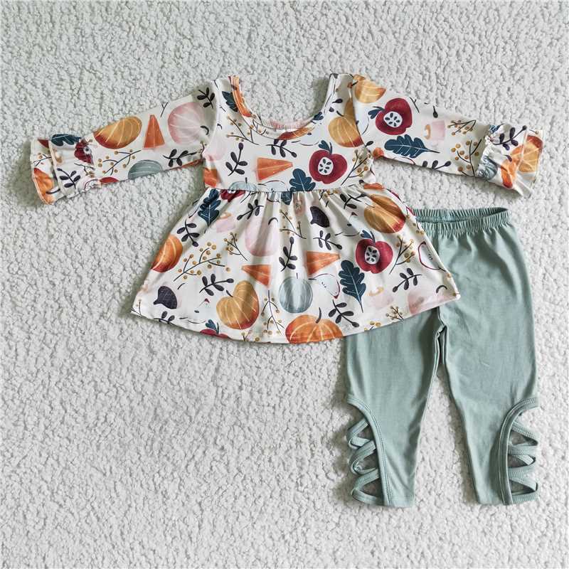 GLP0113 white apple pumpkin sleeves shirt green pants outfits