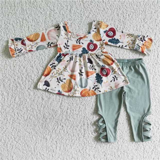 GLP0113 white apple pumpkin sleeves shirt green pants outfits