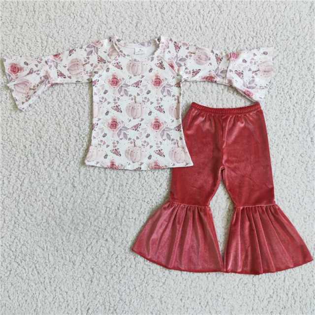 GLP0040 pink pumpkin sleeves shirt red velet pants outfits