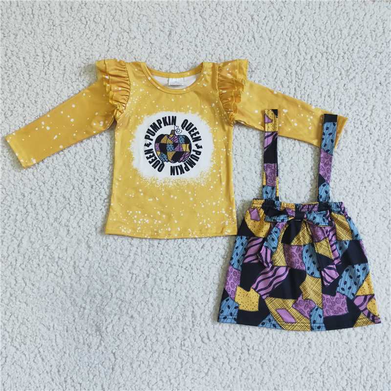 GLD0028 yellow  pumpkin sleeves dress purple plaid print pants outfits