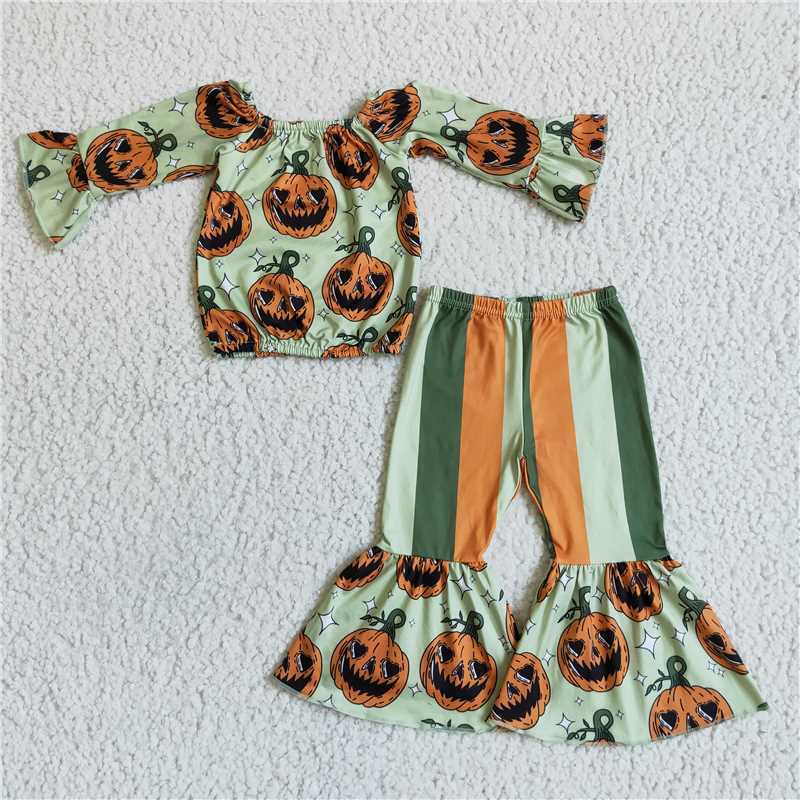 GLP0023 green pumpkin sleeves shirt yellow green stripes print pants outfits