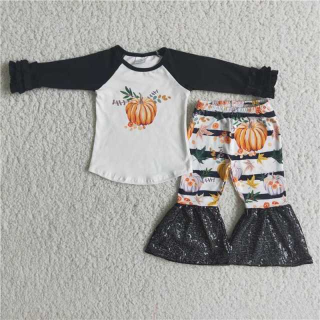 6 A20-29 girls Halloween black white pumpkin truck long sleeve stripes  pants set