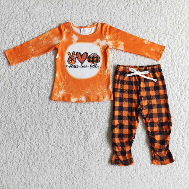 6 A9-27 girls Halloween orange long sleeve orange black plaid pants set