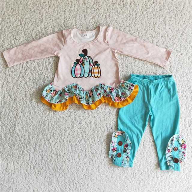 6 A2-28 girl Halloween embroidery pumpkin sleeve blue pants set