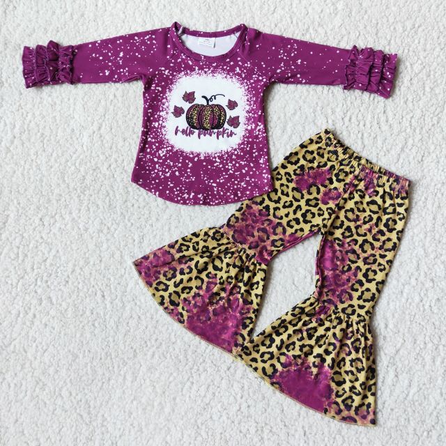 6 A2-13 girls Halloween purple pumpkin truck long sleeve leopard pants set