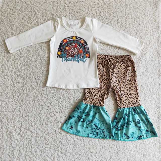 6 A3-15 girl white Halloween pumpkin sleeve leopard blue pants set