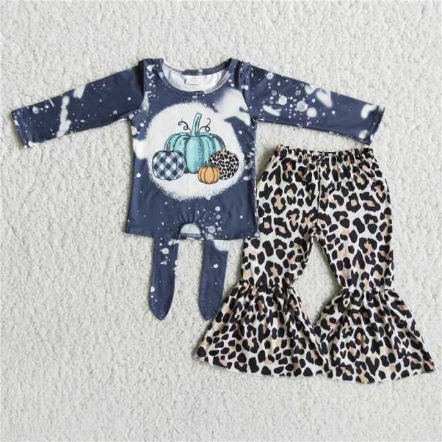 6 B2-3-1 girls Halloween dark blue pumpkin long sleeve leopard print pants set