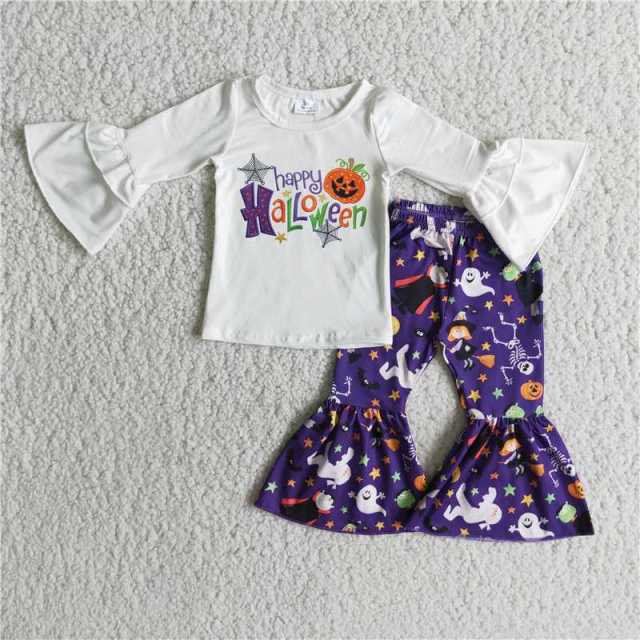 6 B9-22  girls Halloween  white pumpkin truck long sleeve purple pants set