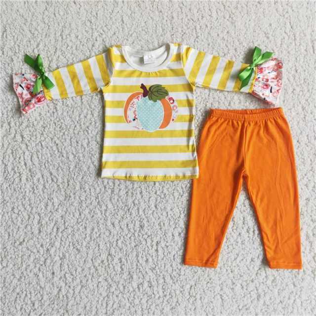 6 A10-14 girls Halloween yellow stripes pumpkin truck long sleeve orange pants set