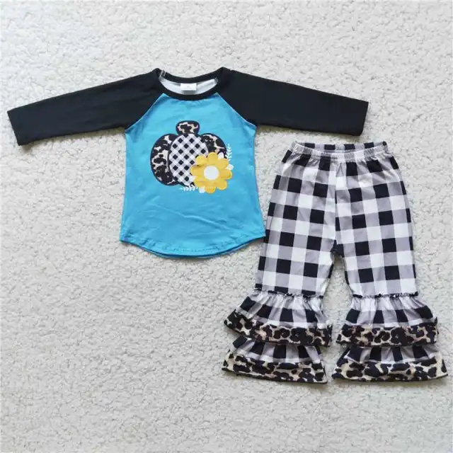 6 A2-17 girl Halloween black blue pumpkin sleeve black plaid pants set