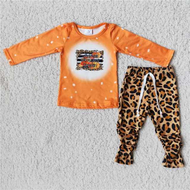 6 A14-20 girls Halloween orange pumpkin sleeve stripes leopard print pants set