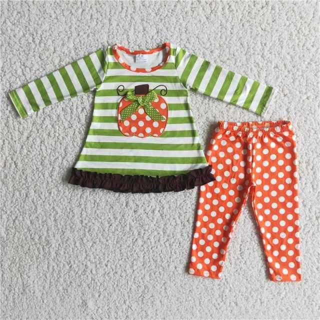 6 B4-3 girls Halloween green stripes pumpkin truck long sleeve red dots pants set