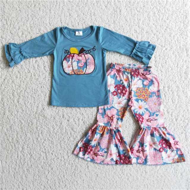 6 C8-39 girls Halloween blue embroidery pumpkin sleeve stripes floral print pants set