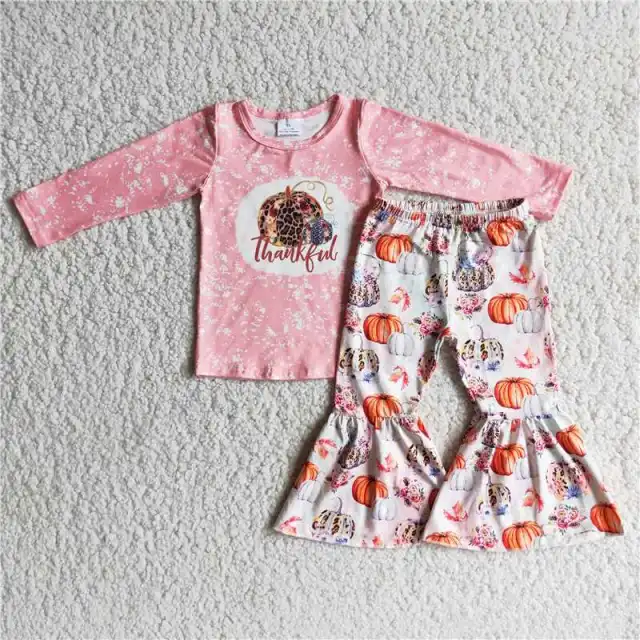 6 A2-3 girl Halloween pink pumpkin sleeve pants set