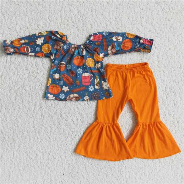6 A2-29 girls Halloween blue pumpkin long sleeve orange pants set