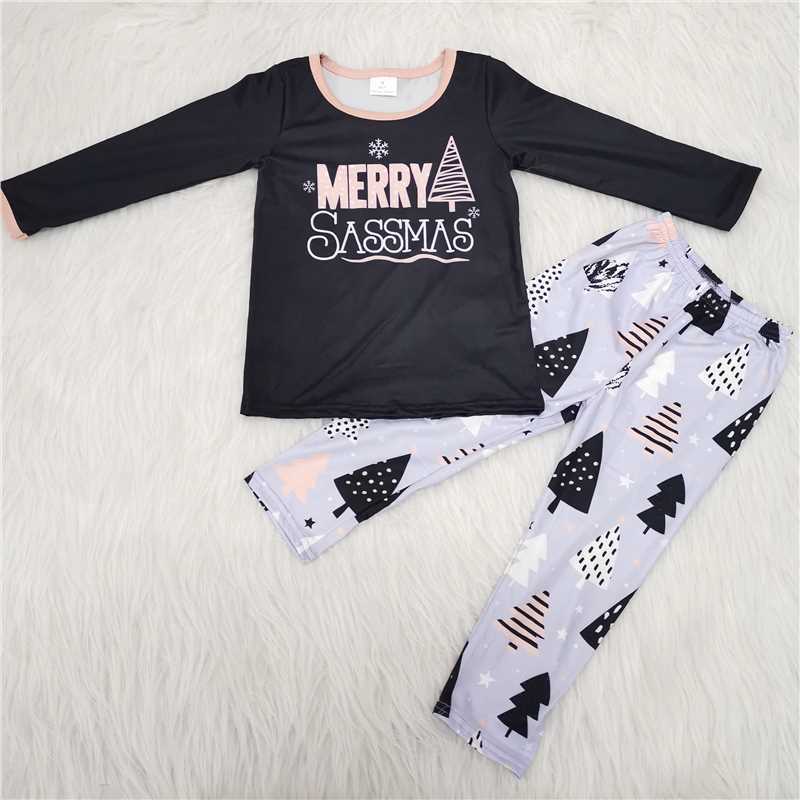 6 A25-16   girl  black letters shirt white Christmas tree pants set