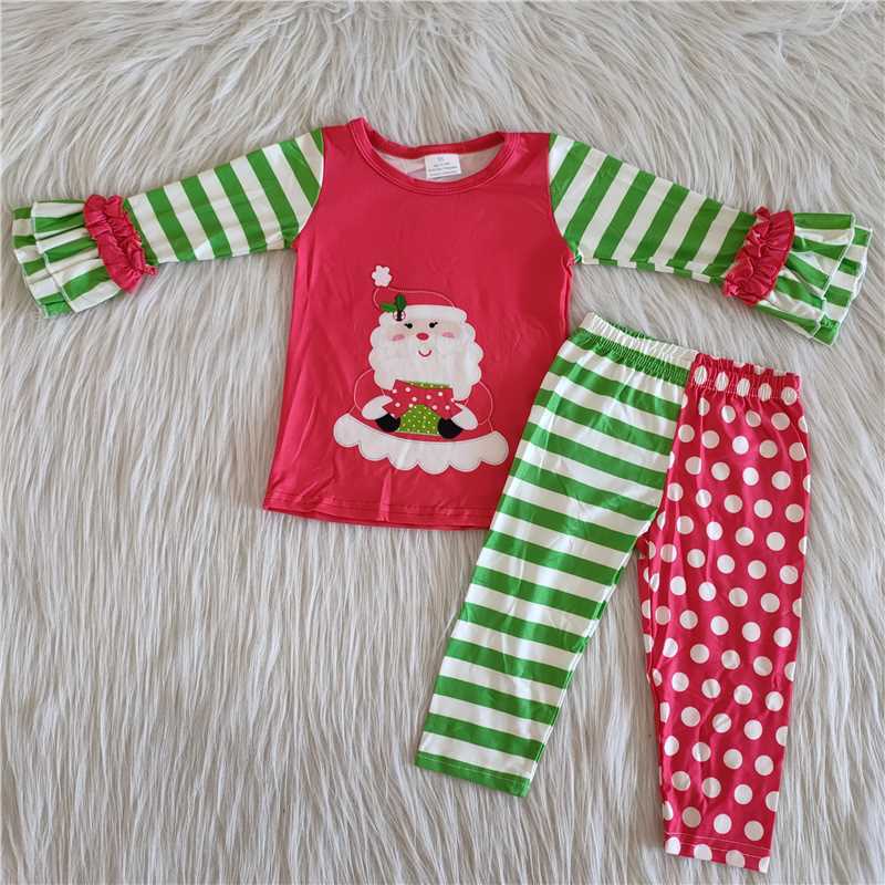 6 A28-17 girl red Santa Claus green stripes shirt pants set