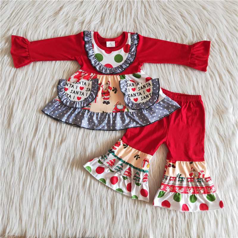 6 A24-13 girl red Santa  Claus shirt red pants set