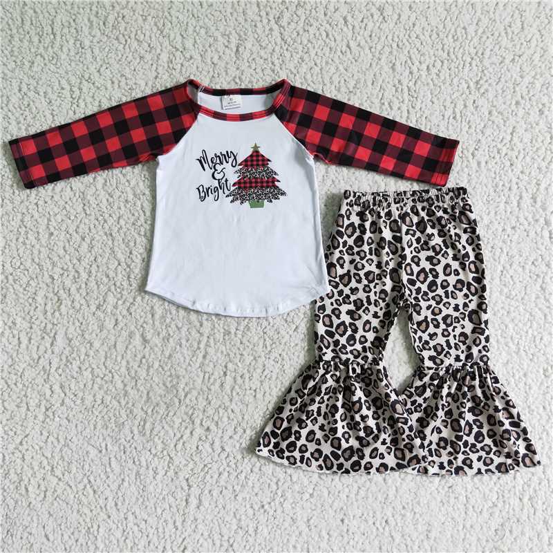 6 A25-13 girl plaid Christmas tree shirt plaid leopard pants set