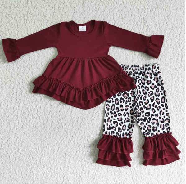 6 B4-38   Red Long Sleeve Top Leopard Pants Set