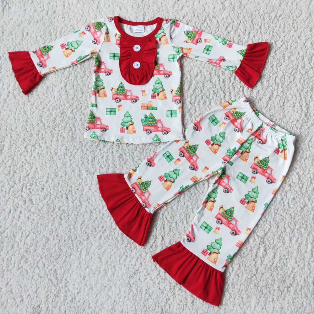 6 B3-38 girl white red Christmas truck sleeve shirt pants set