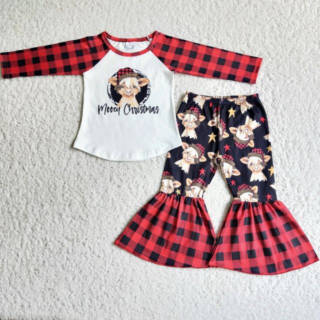 6 A7-11  girl white red cow sleeve shirt black pants set
