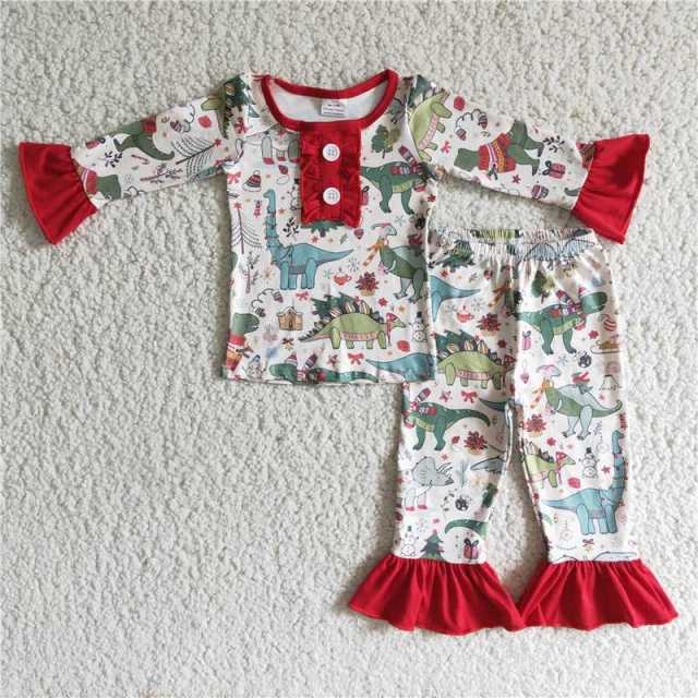 6 A4-30 girl red white dinosaurs sleeve shirt  pants set