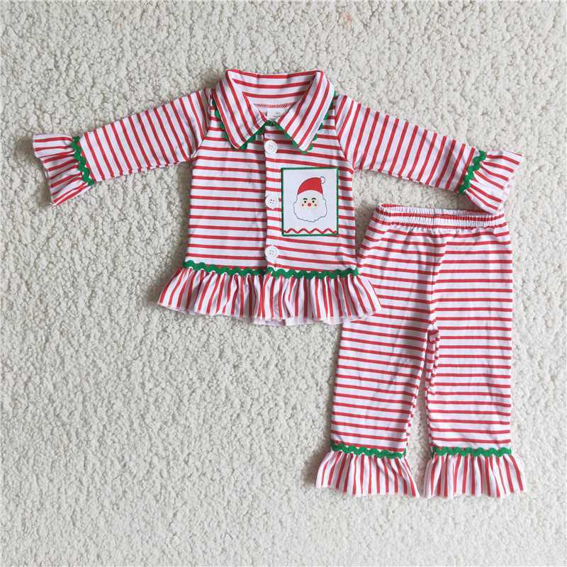 6 B9-3 girl pink stripes Santa Claus sleeve shirt pants set