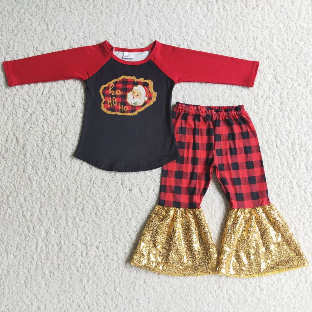 6 C9-5 girl red black Santa Claus sleeve shirt plaid pants set