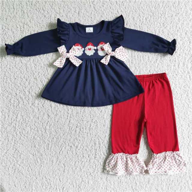 6 B7-39 girl blue Santa Claus sleeve shirt red pants set