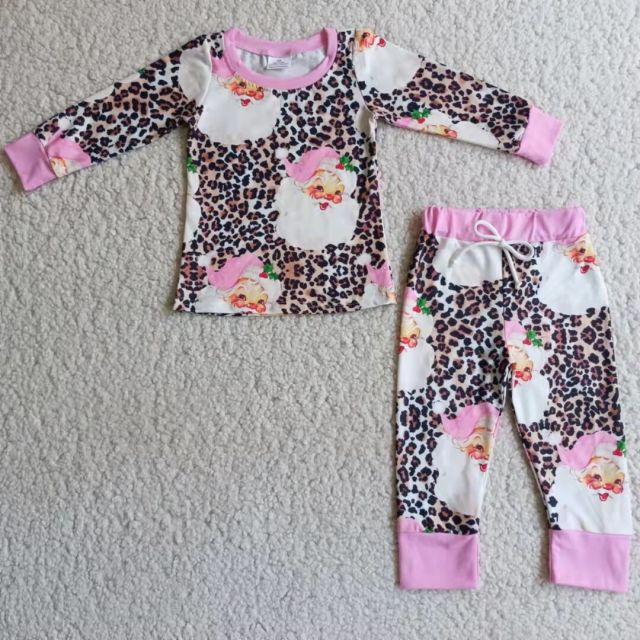 6 A4-26 girl pink leopard  Santa Claus sleeve shirt  pants set