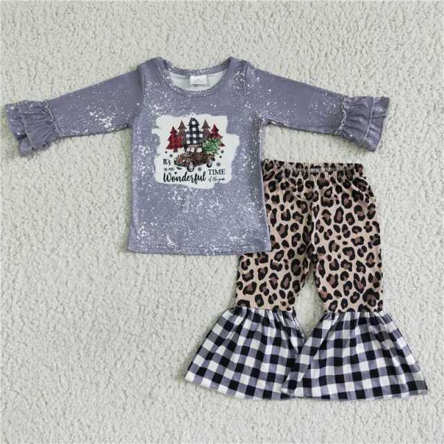 6 A3-5 girl grey Christmas tree sleeve shirt leopard plaid pants set
