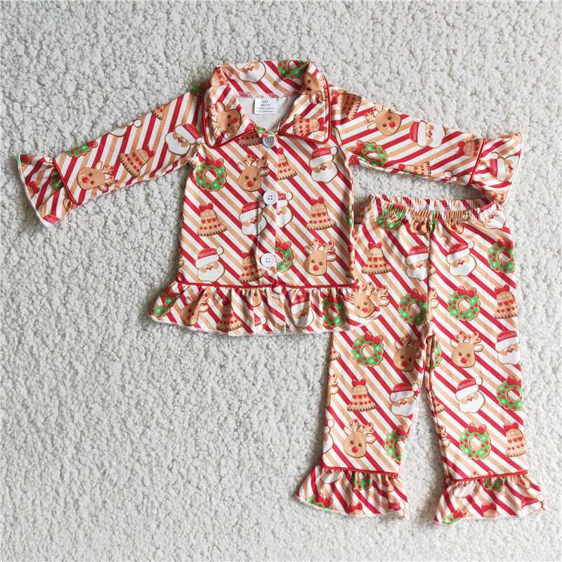 6 A23-18 girl red stripes Santa Claus elk sleeve shirt pants set