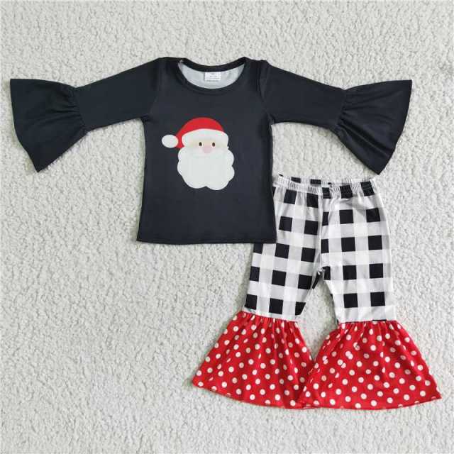 6 A8-14 girl black Santa Claus sleeve shirt plaid pants set