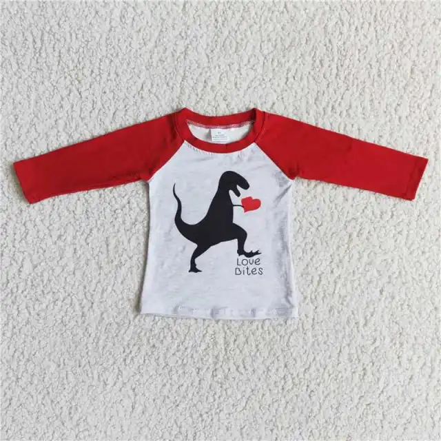 6 B12-7 boys red white dinosaur sleeve shirt