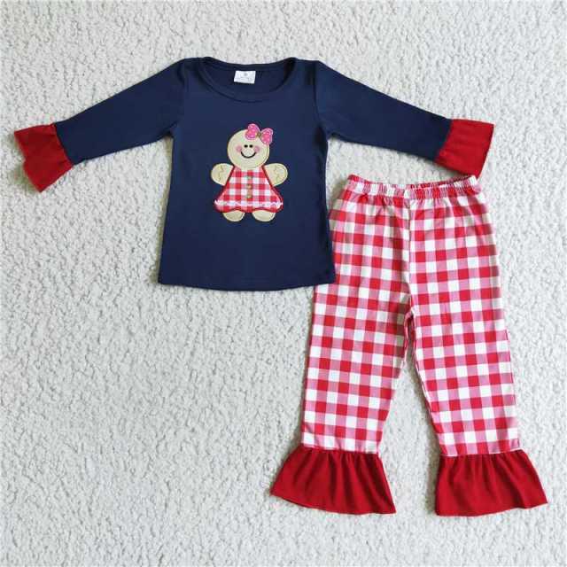 GLP0034 girl black Gingerman sleeve shirt red plaid print pants set