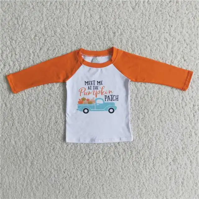 6 A11-17 boys orange pumpkins car sleeve shirt